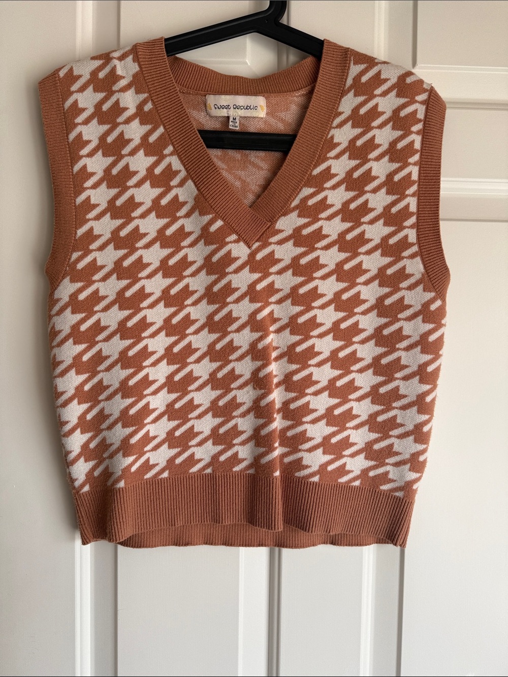 Rust and White Houndstooth V-Neck Sweater Vest
